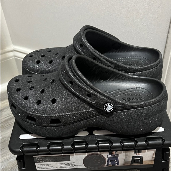 CROCS Black Glitter Platform Shoes - Picture 3 of 6